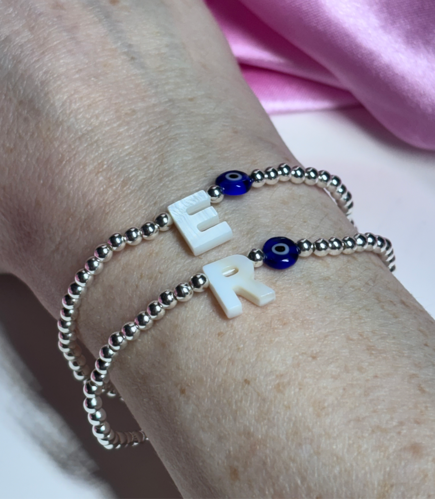 Mother of pearl initial & evil eye Sterling Silver bracelet