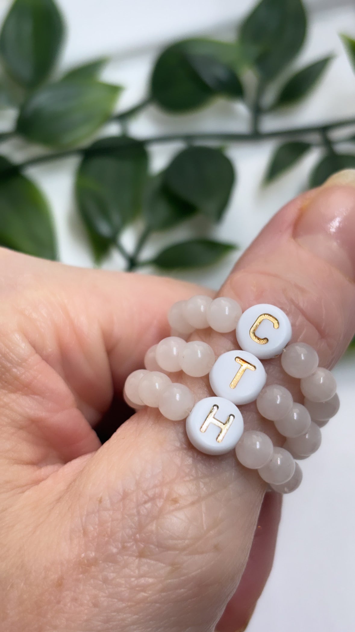 Rose Quartz initial beaded rings