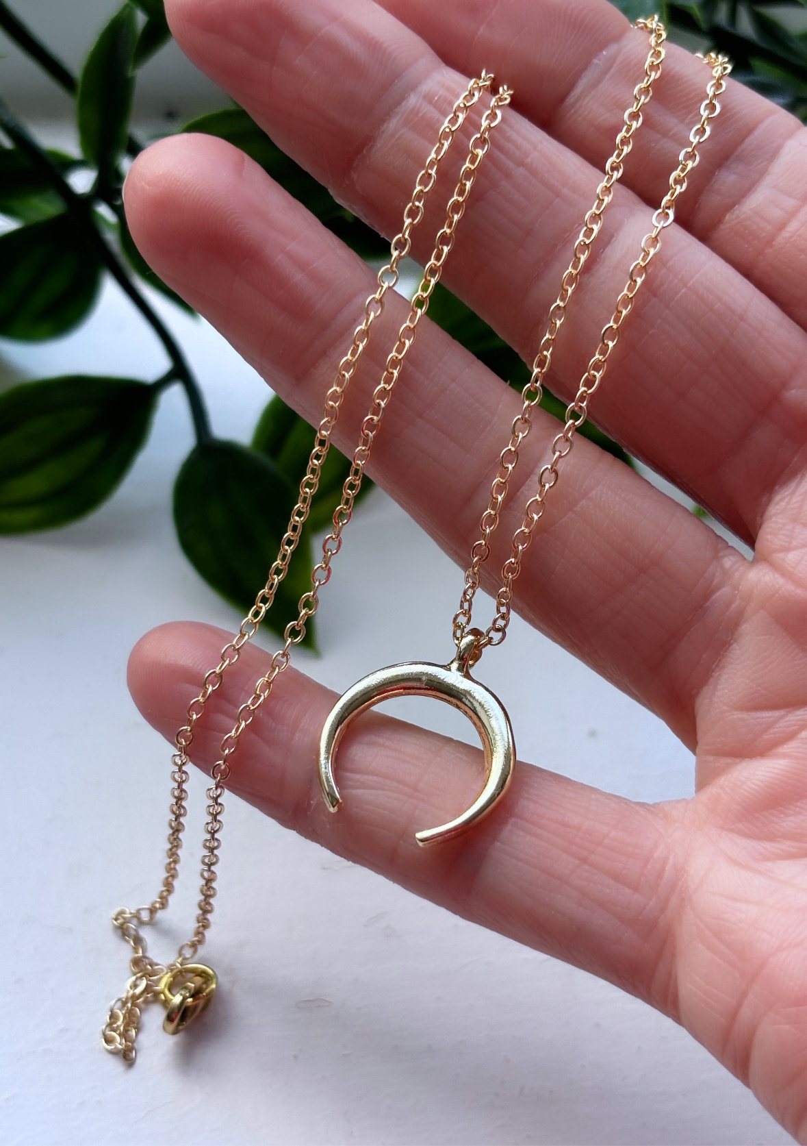 24k gold plated crescent moon necklace available on 16inch or 18inch chain