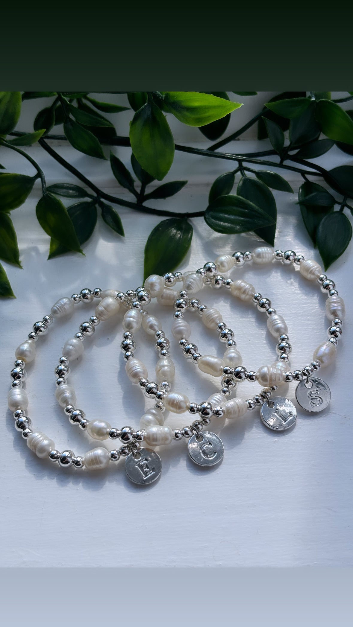 Freshwater Pearl silver beaded initial bracelets