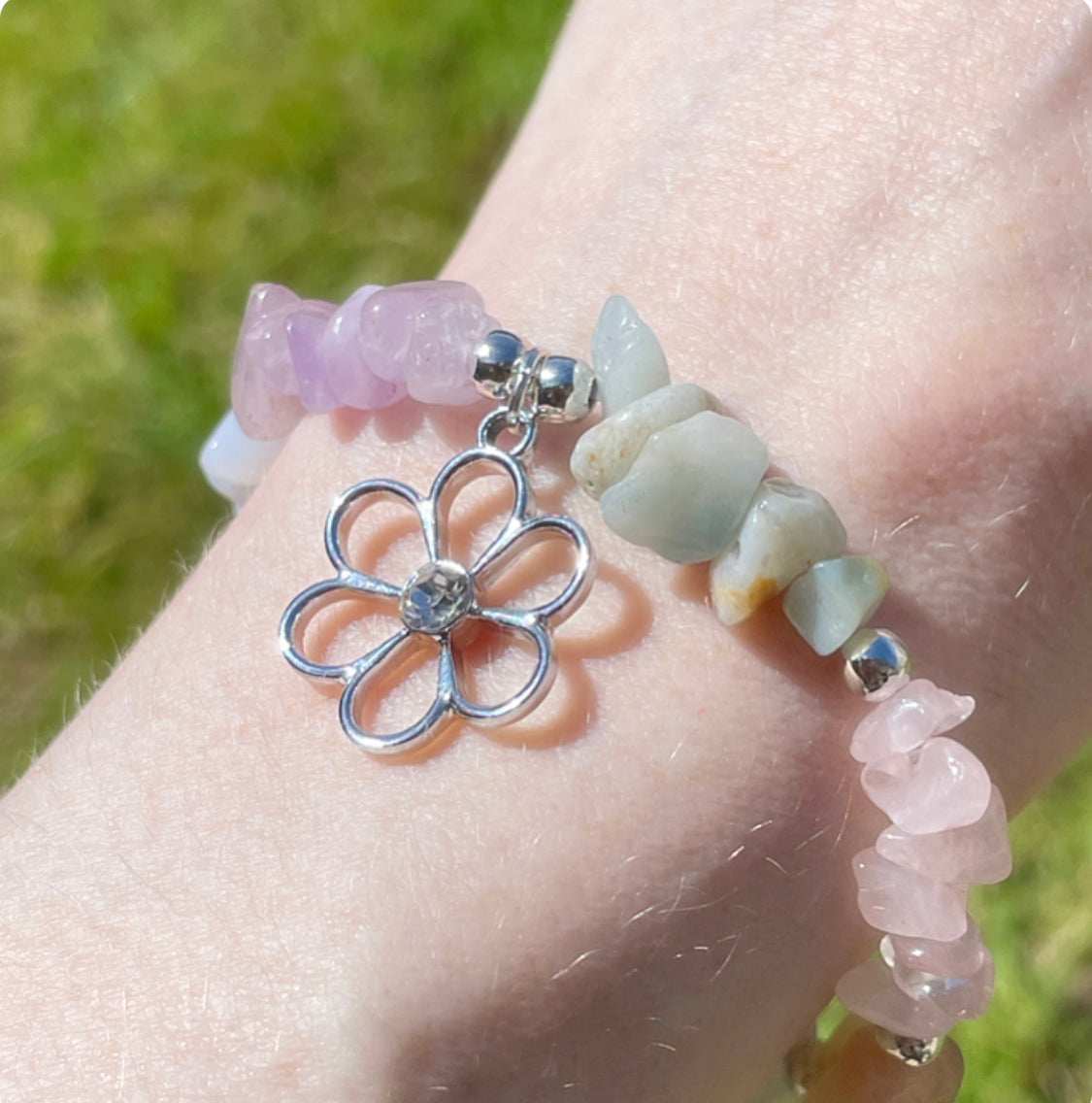 cubic zirconia flower bracelet blue lace agate, amazonite, lilac amethyst, sunstone, rose Quartz and moonstone