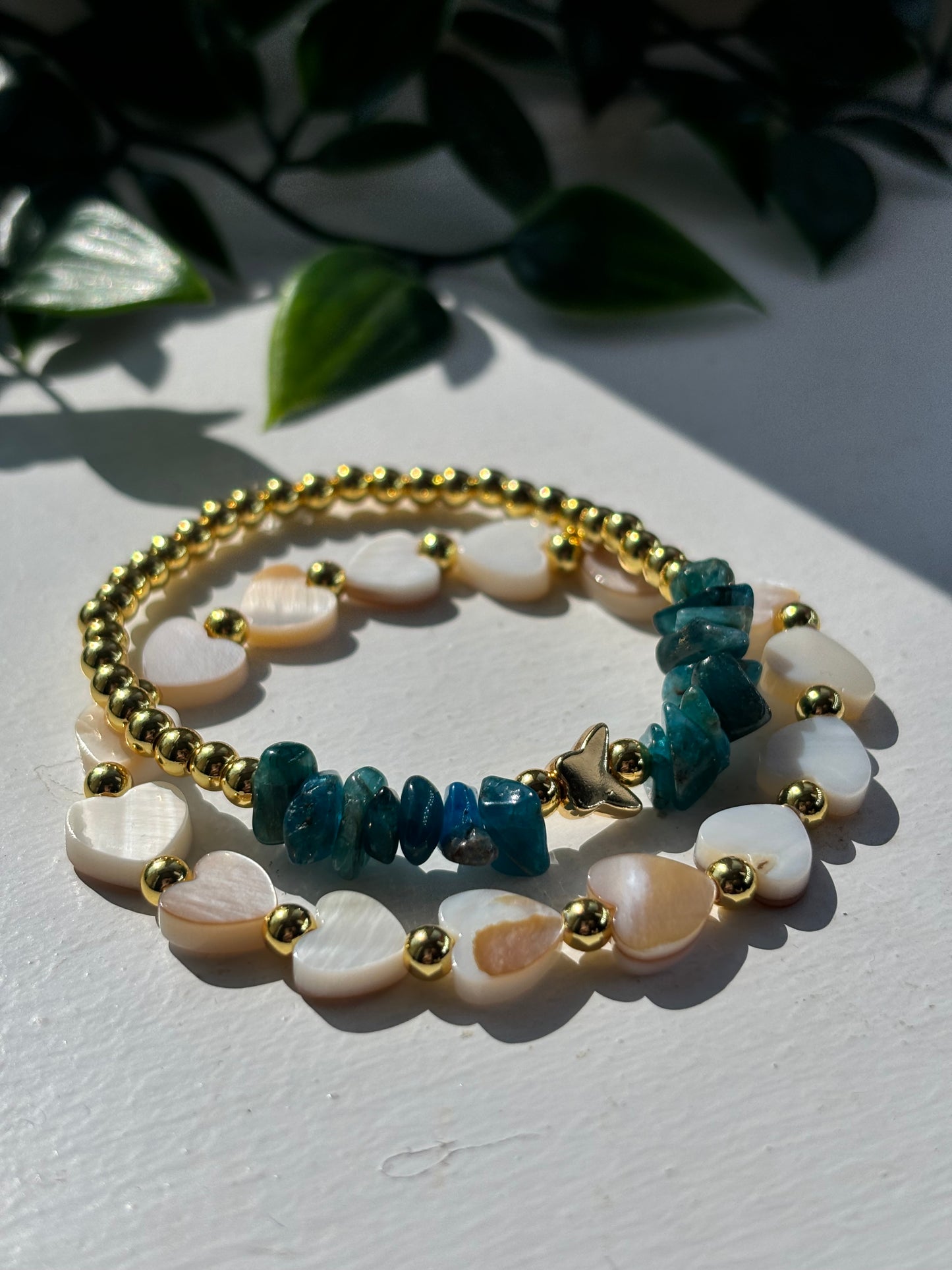 Mother of pearl hearts and apatite crystal stack of 2