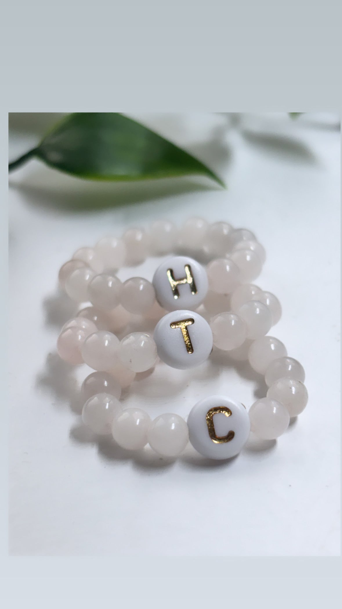 Rose Quartz initial beaded rings