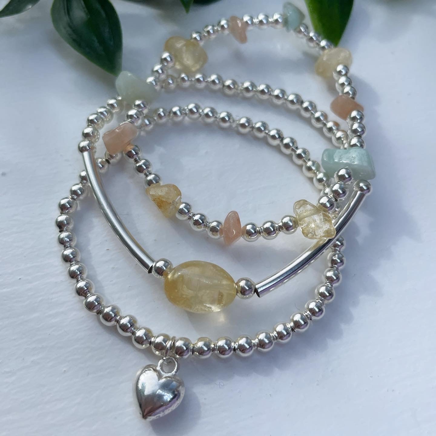 Mood boosting citrine, sunstone & amazonite silver plated stack of bracelets