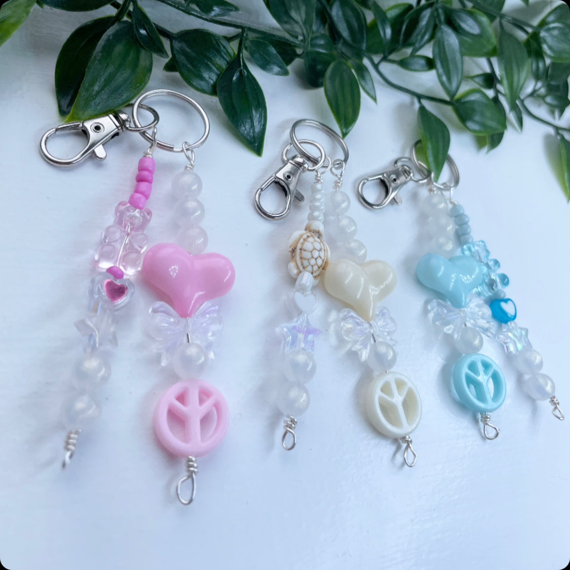 Bag charms / keyrings baby pink cream & baby blue