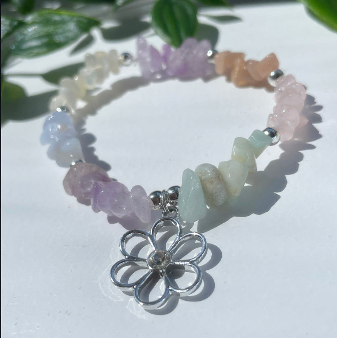 cubic zirconia flower bracelet blue lace agate, amazonite, lilac amethyst, sunstone, rose Quartz and moonstone