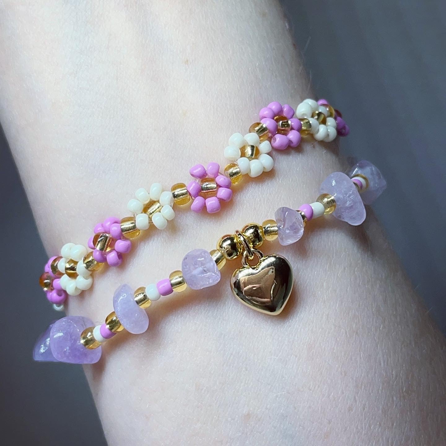 Lilac amethyst beaded flower stack 18k gold plated heart charm