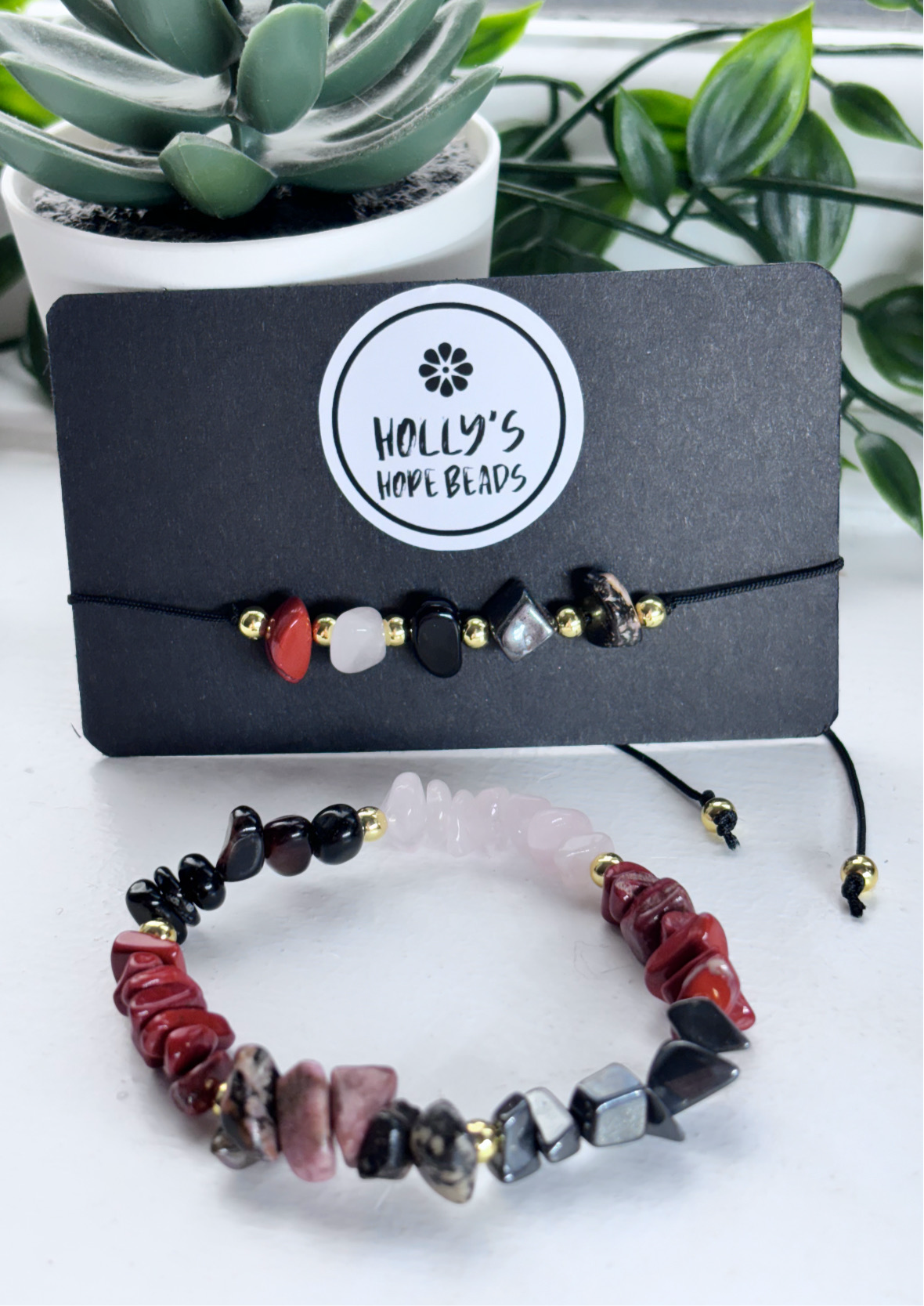 Confidence crystal bracelet & adjustable anklet jasper, hematite, rose Quartz, black onyx, & rhodonite