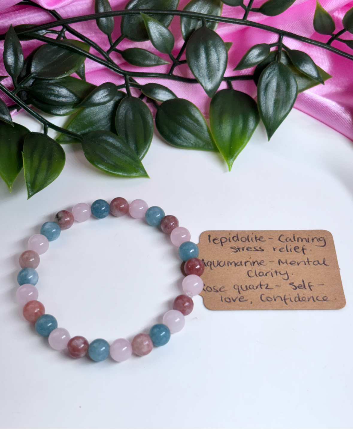 Self - love, acceptance and emotional balance lepidolite, rose Quartz and Aquamarine crystal bracelet
