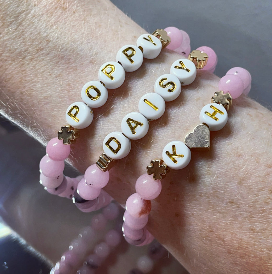 Cherry blossom jasper personalised four leaf clover bracelets