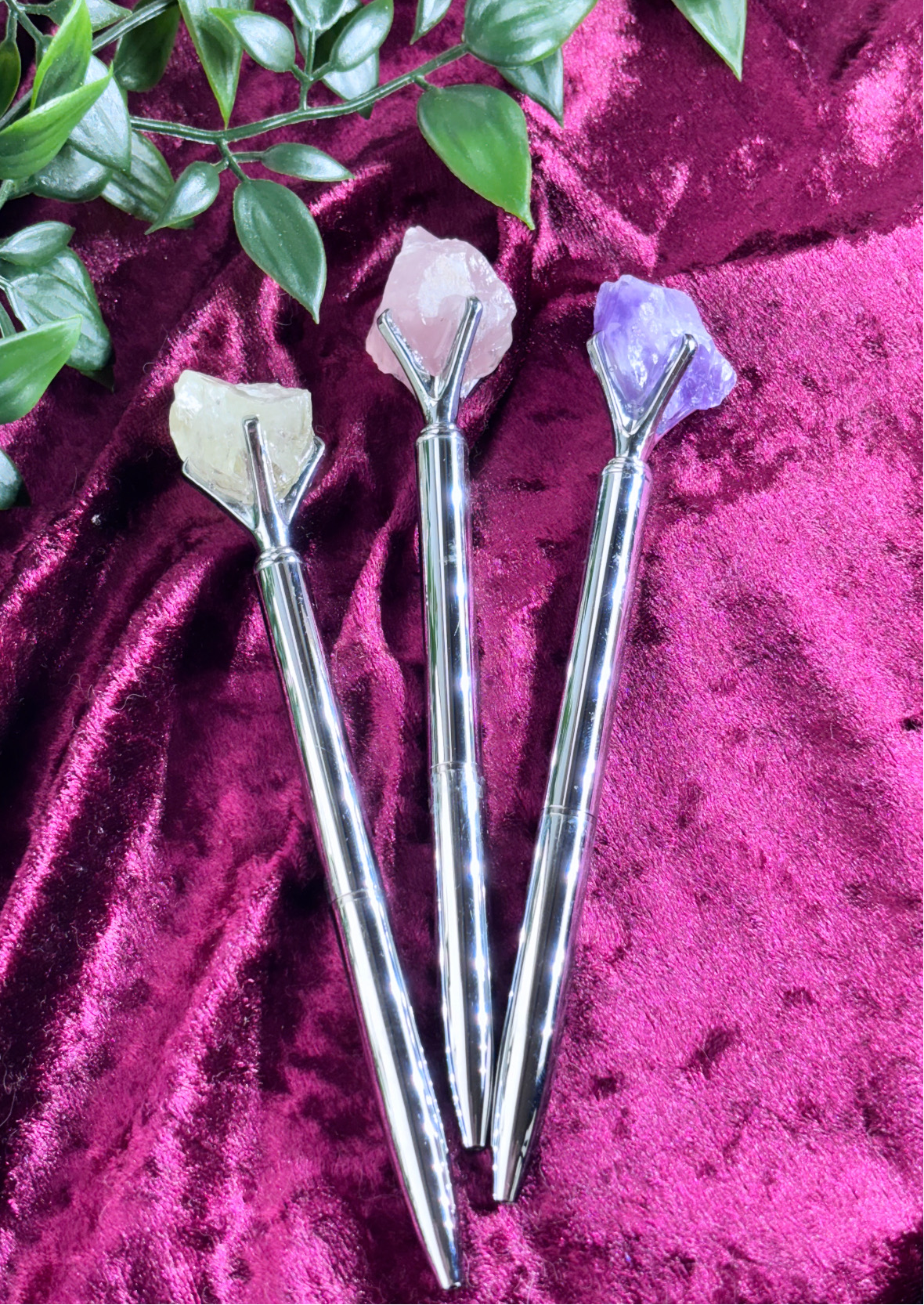 Raw Crystal Silver Pens - Black Pen - Stocking Fillers - Crystals amethyst citrine and rose Quartz