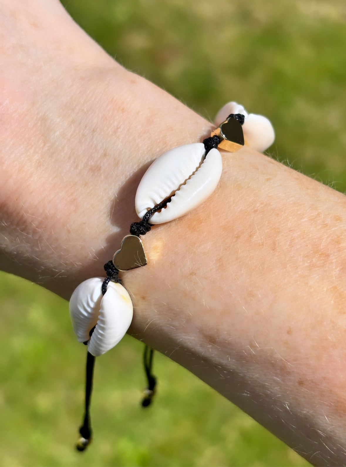 Cowrie shell bracelet & diamanté drop shell earrings