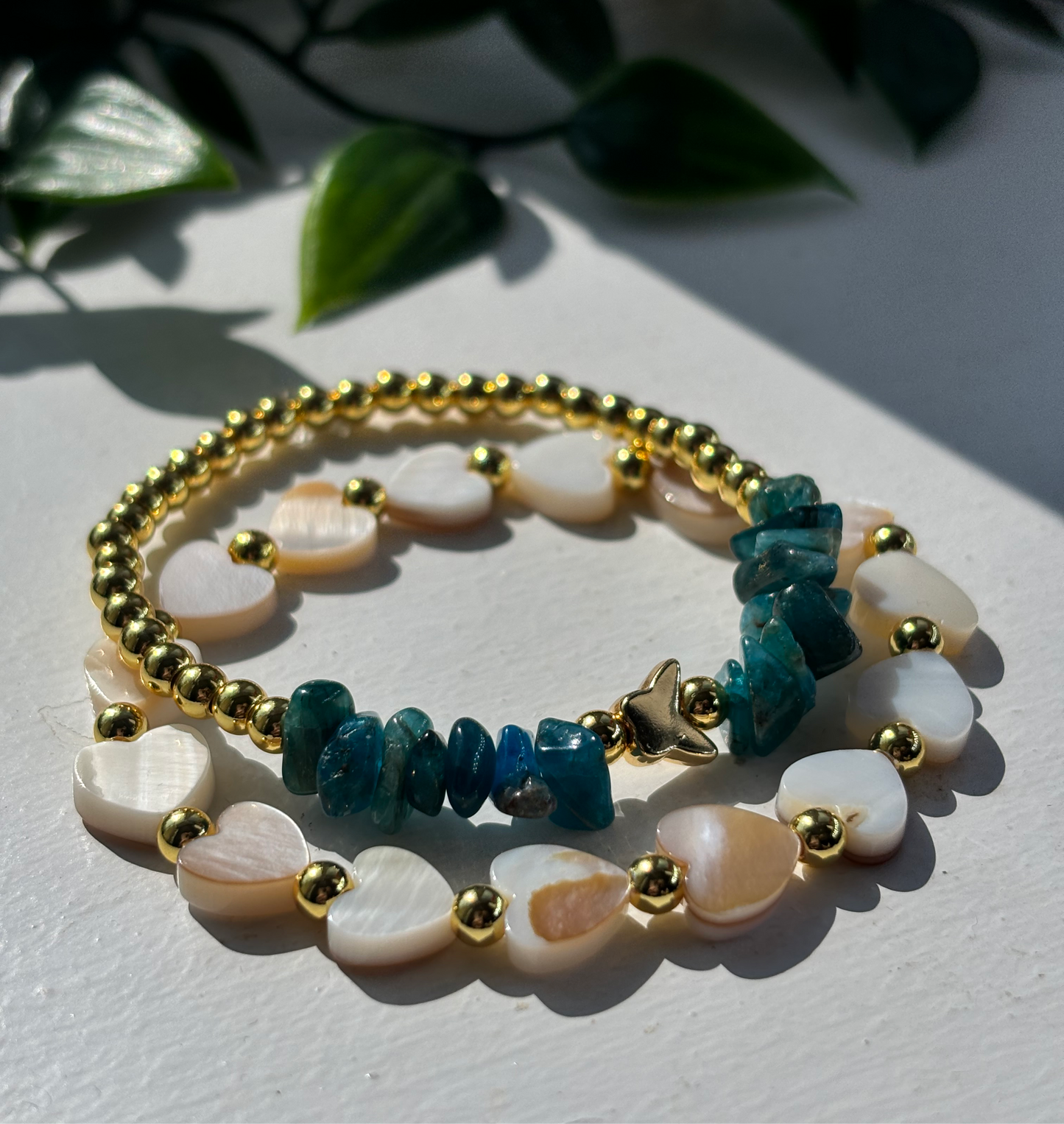 Mother of pearl hearts and apatite crystal stack of 2