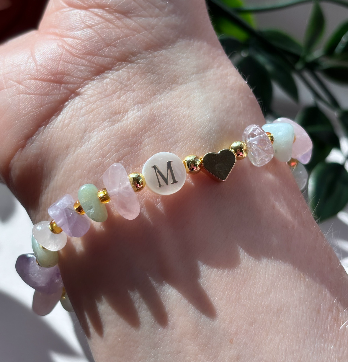 emotional balancing/ wellbeing mother of pearl initial bracelets