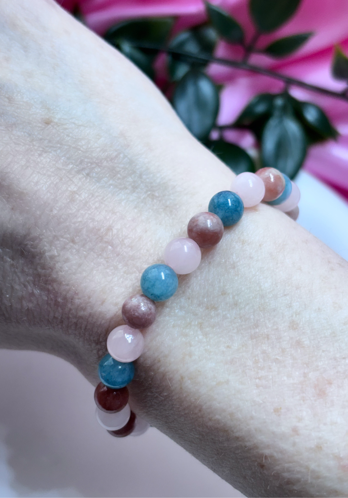 Self - love, acceptance and emotional balance lepidolite, rose Quartz and Aquamarine crystal bracelet