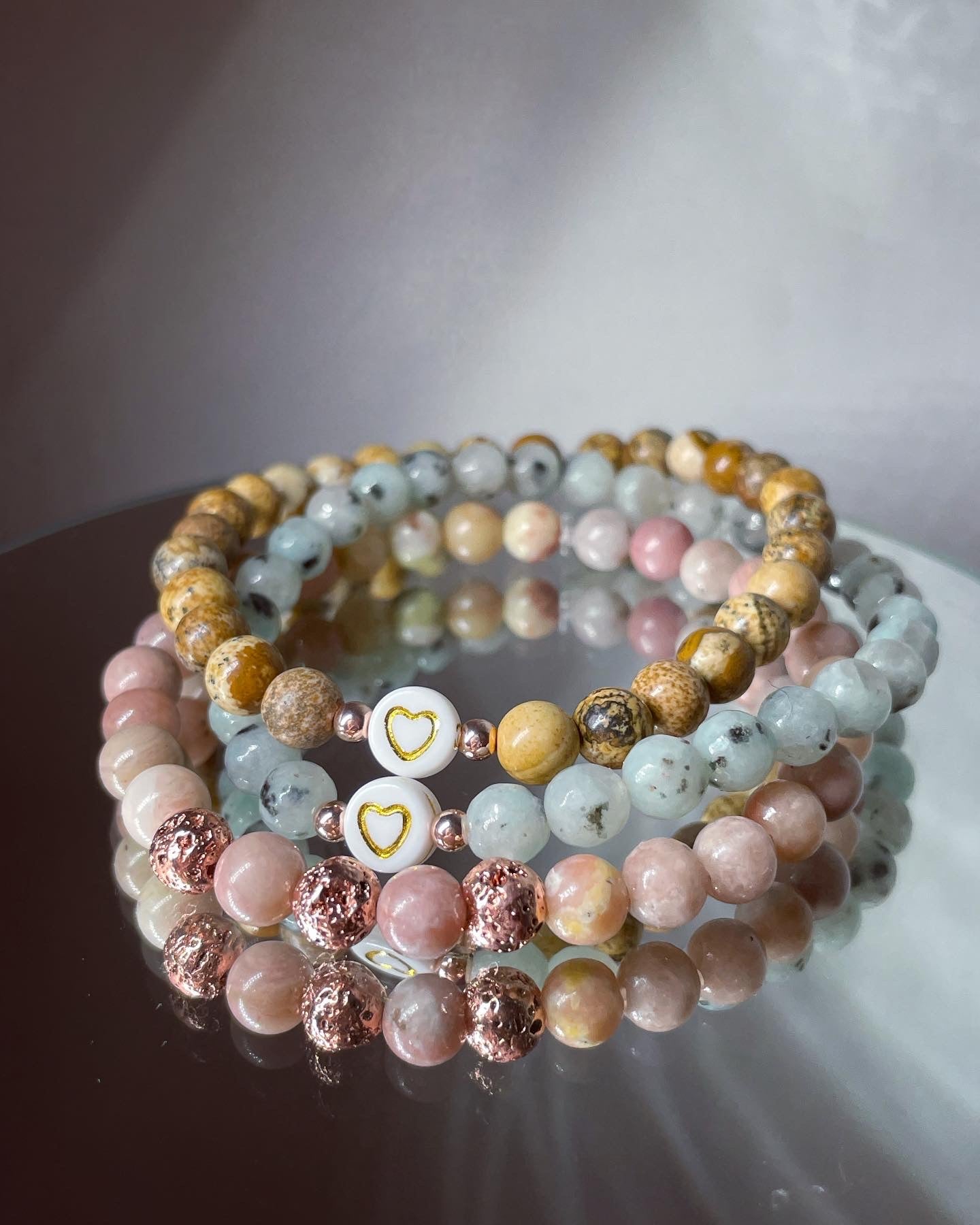 Pink/Yellow Lepidolite,Pale Beige Jasper, Blue/Grey Sesame Jasper Beaded bracelets
