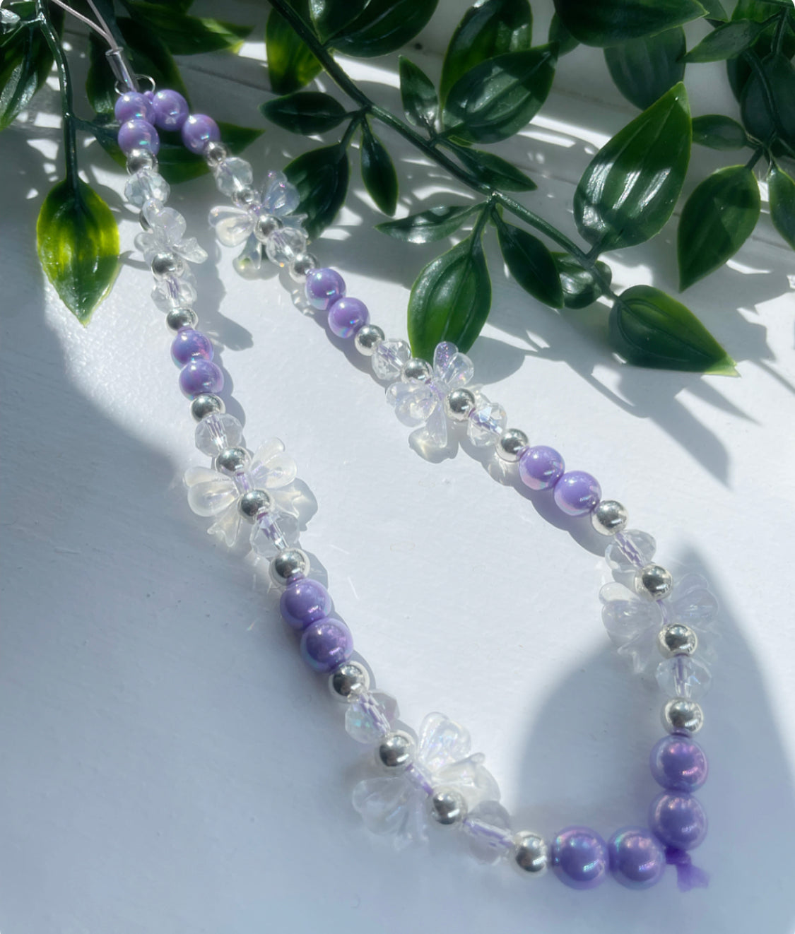 Bow Phone strap | lilac bow and crystal beaded phone strap