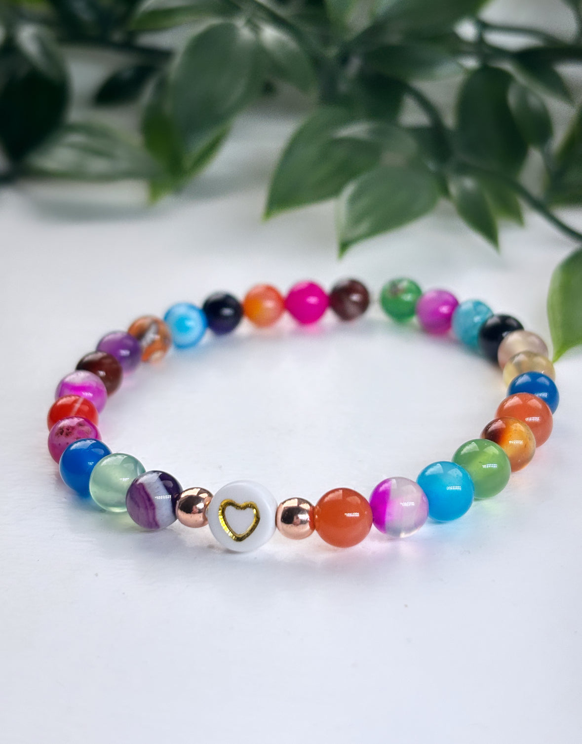 Mix colour banded agate rose gold heart bracelet