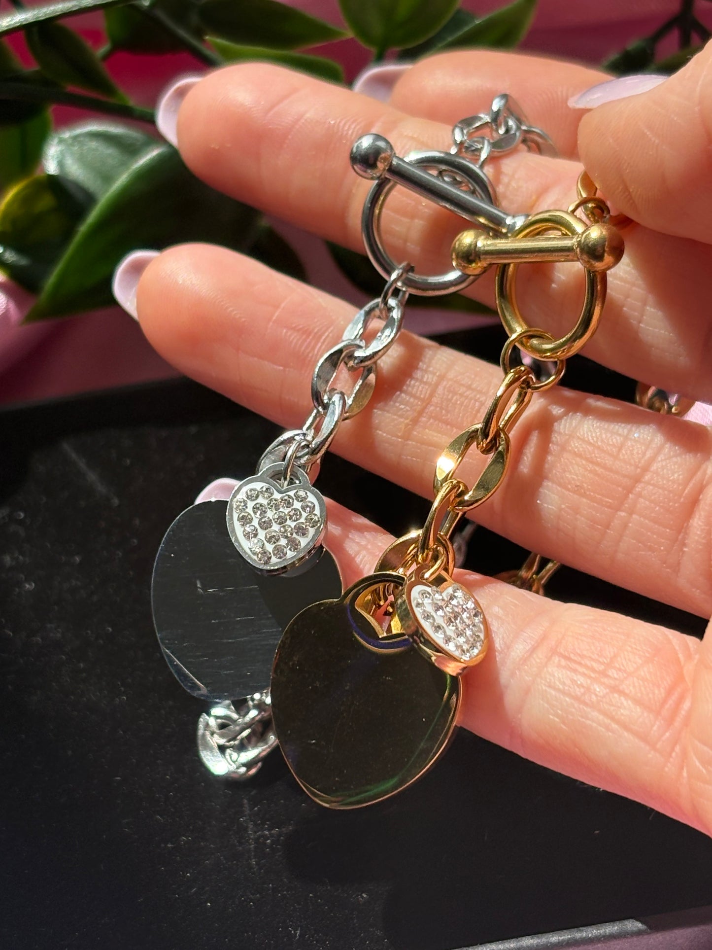 Double heart charm T bar bracelet / stainless steel / tarnish resistant / water resistant
