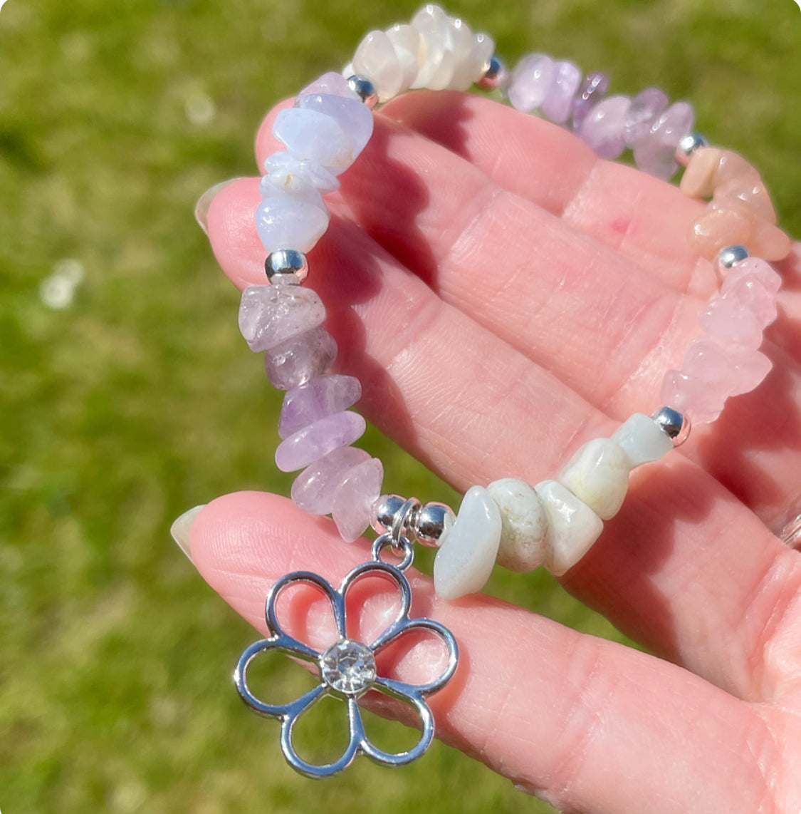 cubic zirconia flower bracelet blue lace agate, amazonite, lilac amethyst, sunstone, rose Quartz and moonstone