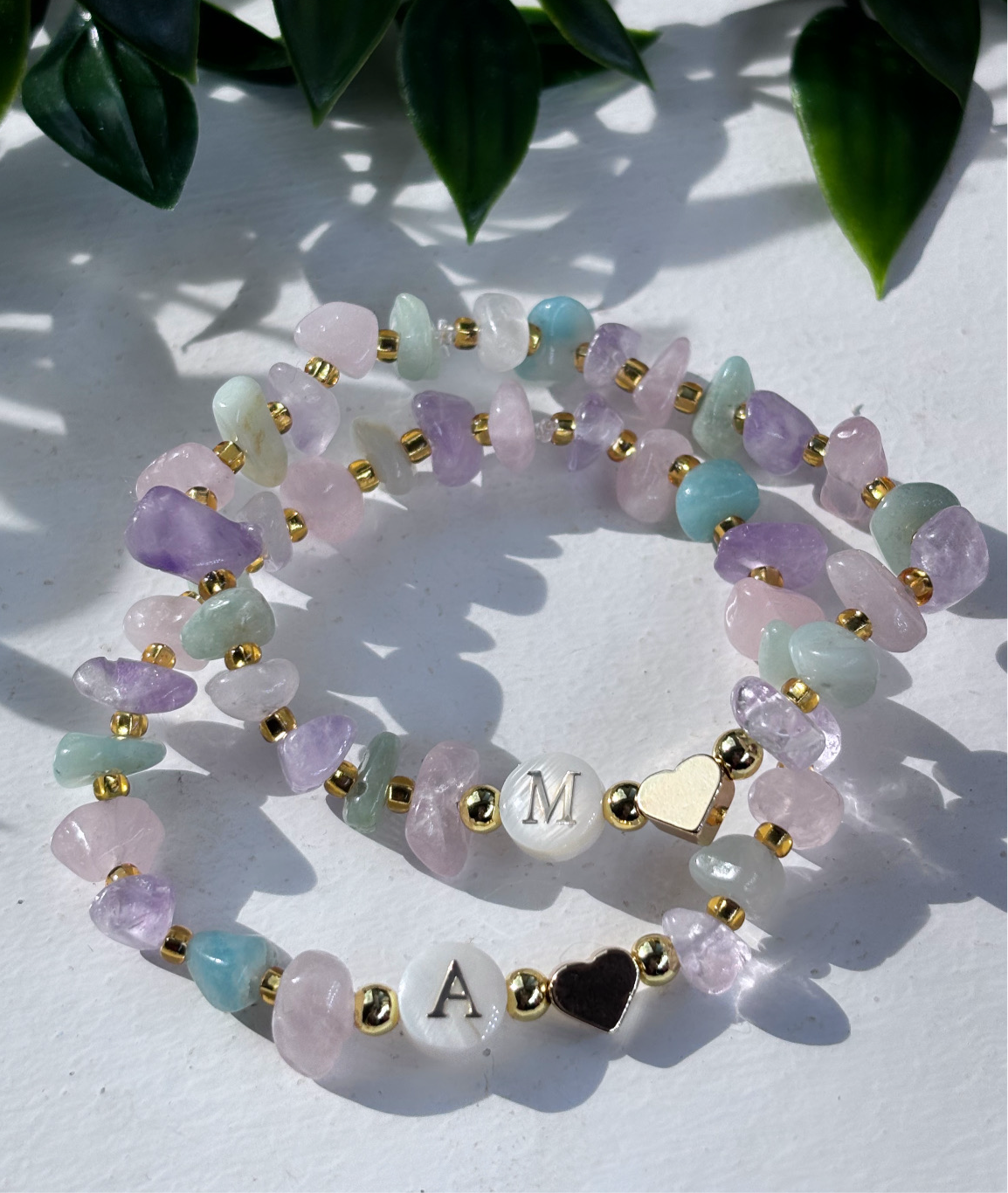 emotional balancing/ wellbeing mother of pearl initial bracelets