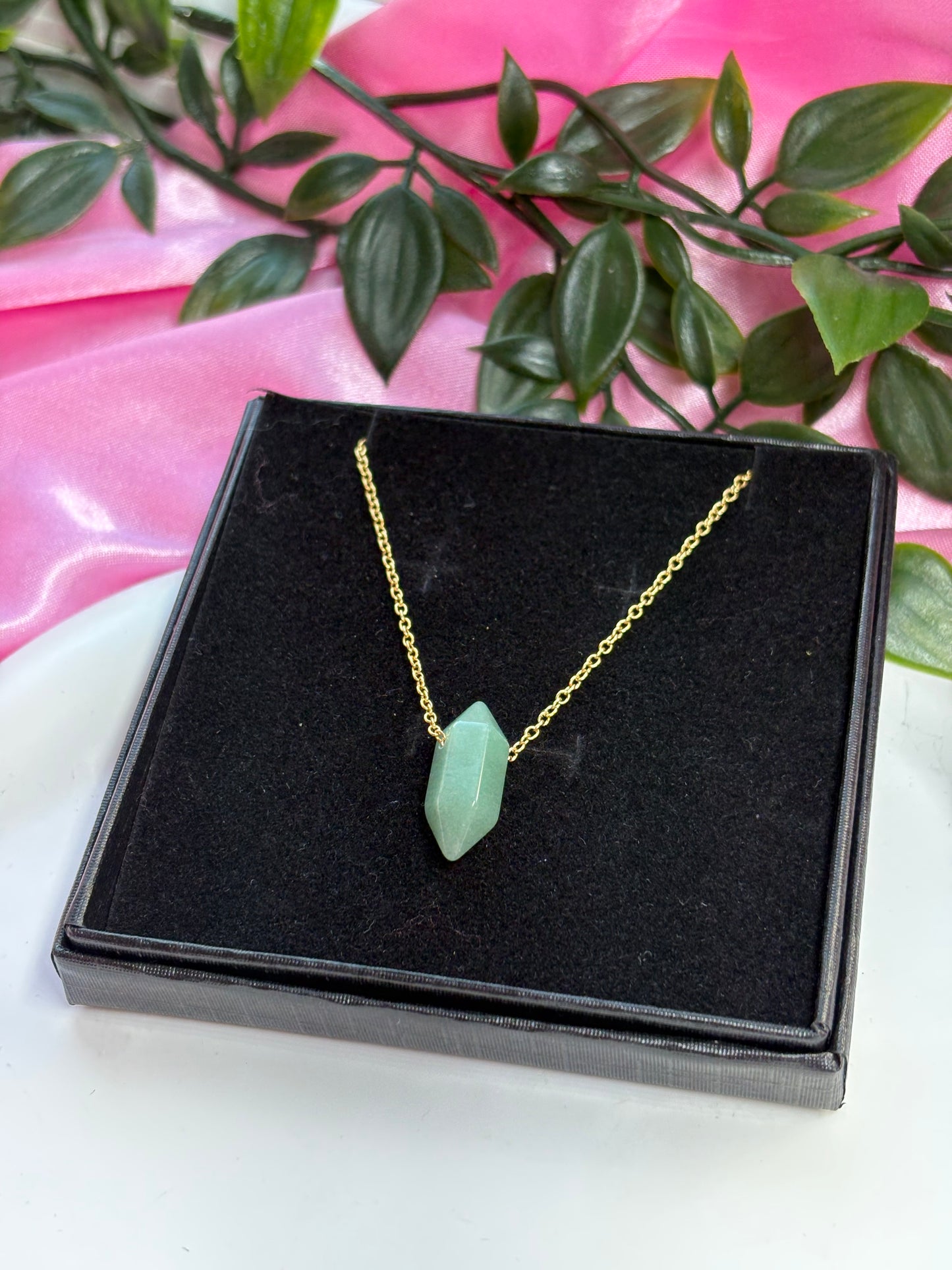Crystal point necklaces tarnish resistant stainless steel chain rose Quartz, green aventurine and amethyst