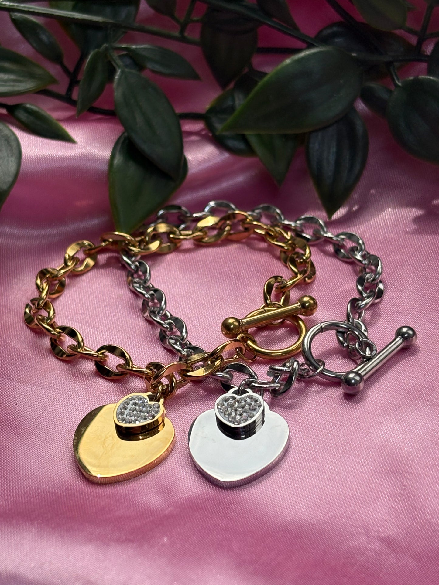 Double heart charm T bar bracelet / stainless steel / tarnish resistant / water resistant