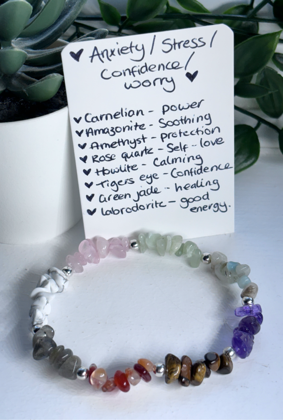 Anxiety, stress, worry & self confidence crystal healing chip stone bracelet