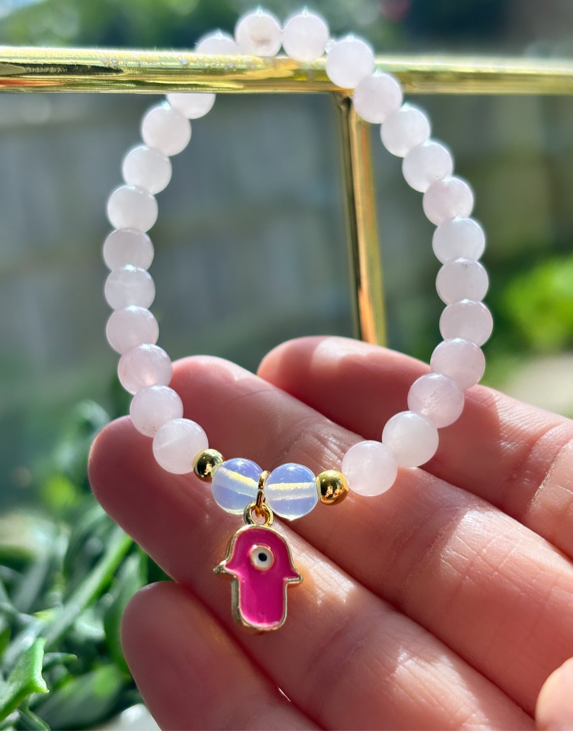 Rose Quartz and opal pink hamsa hand bracelet