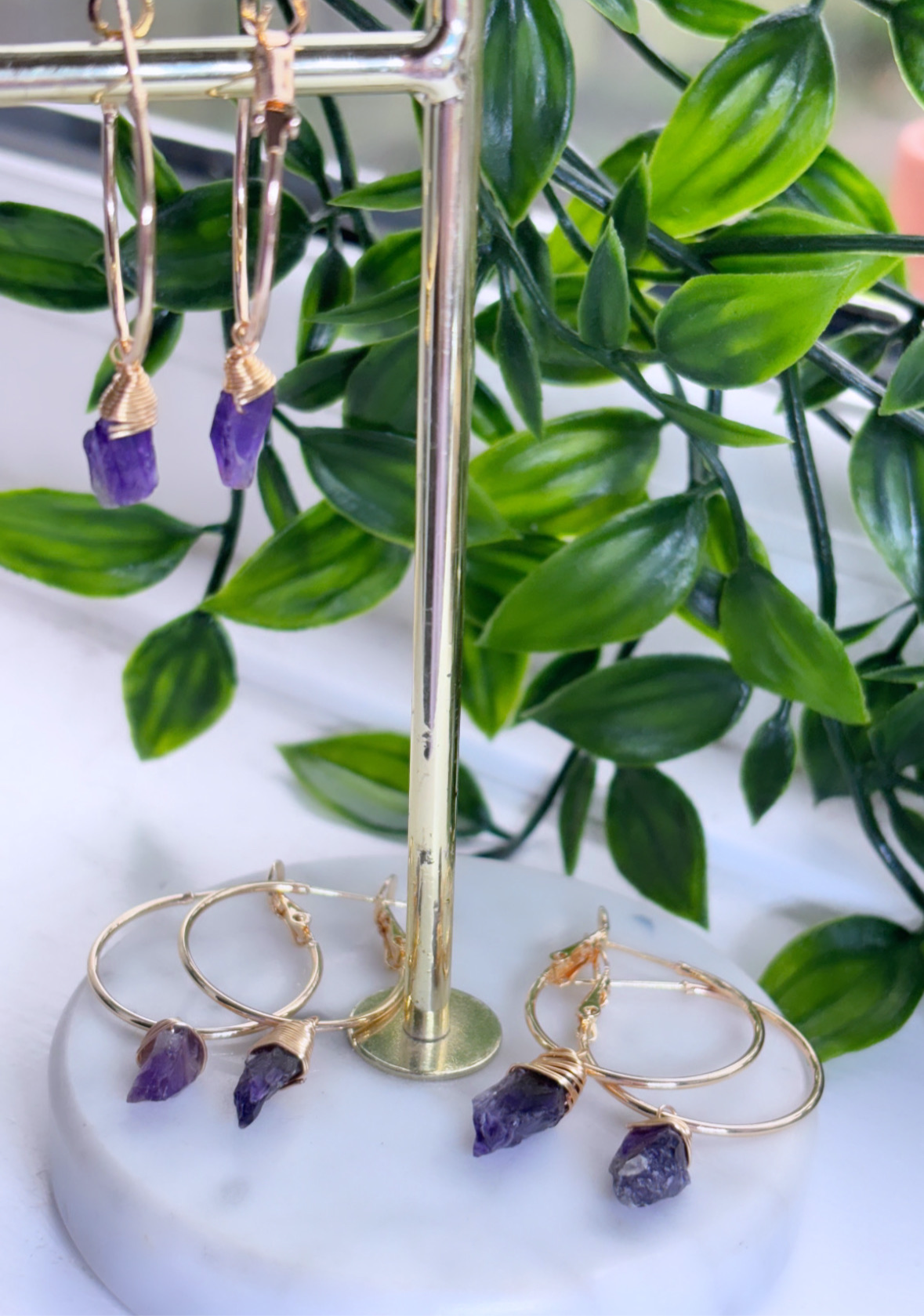 Raw amethyst wrapped hoops 18k gold plated non tarnishing