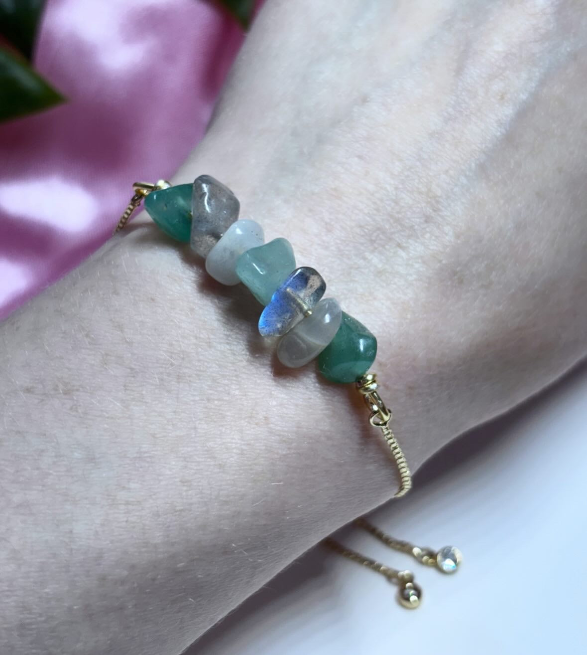 New beginnings - moonstone, green aventurine & labradorite 18k gold plated adjustable bracelet