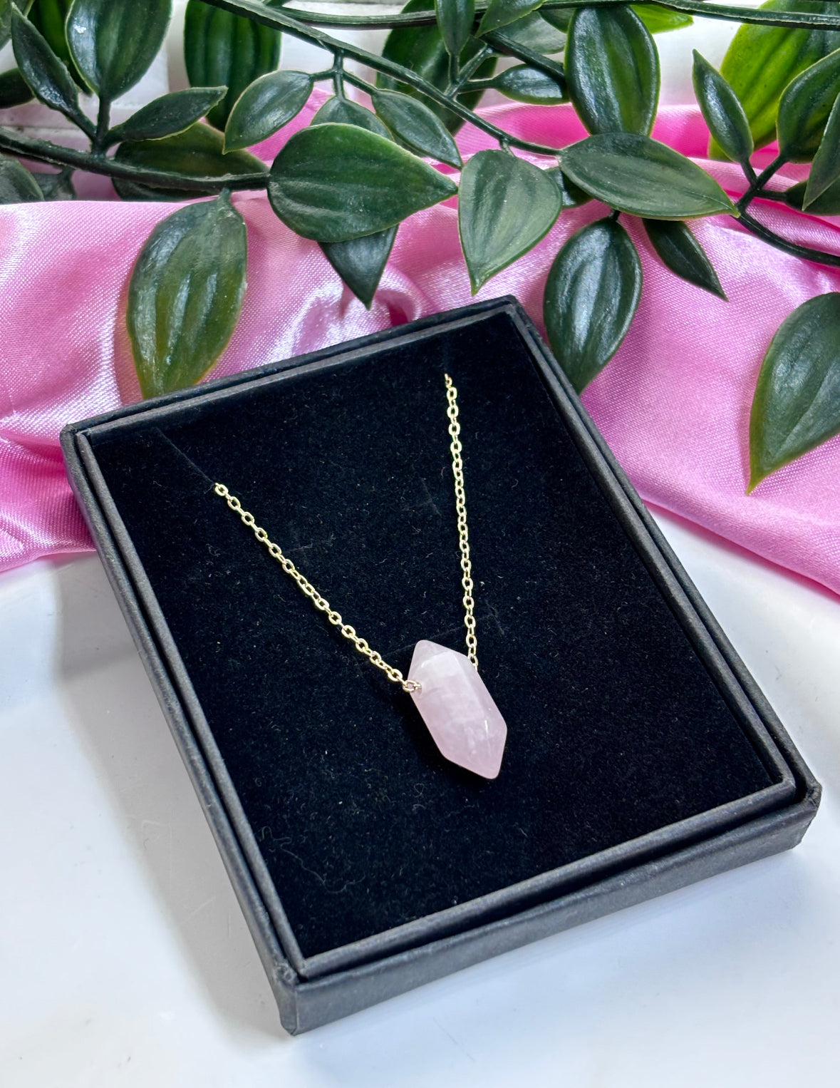 Crystal point necklaces tarnish resistant stainless steel chain rose Quartz, green aventurine and amethyst