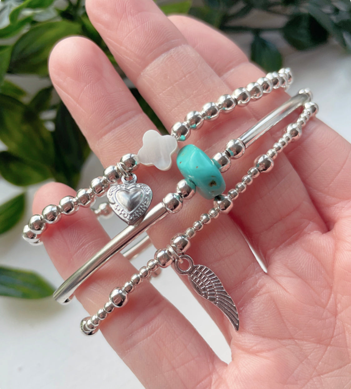 Turquoise, Feather & Mother of Pearl Clover Leaf Stacking Bracelets