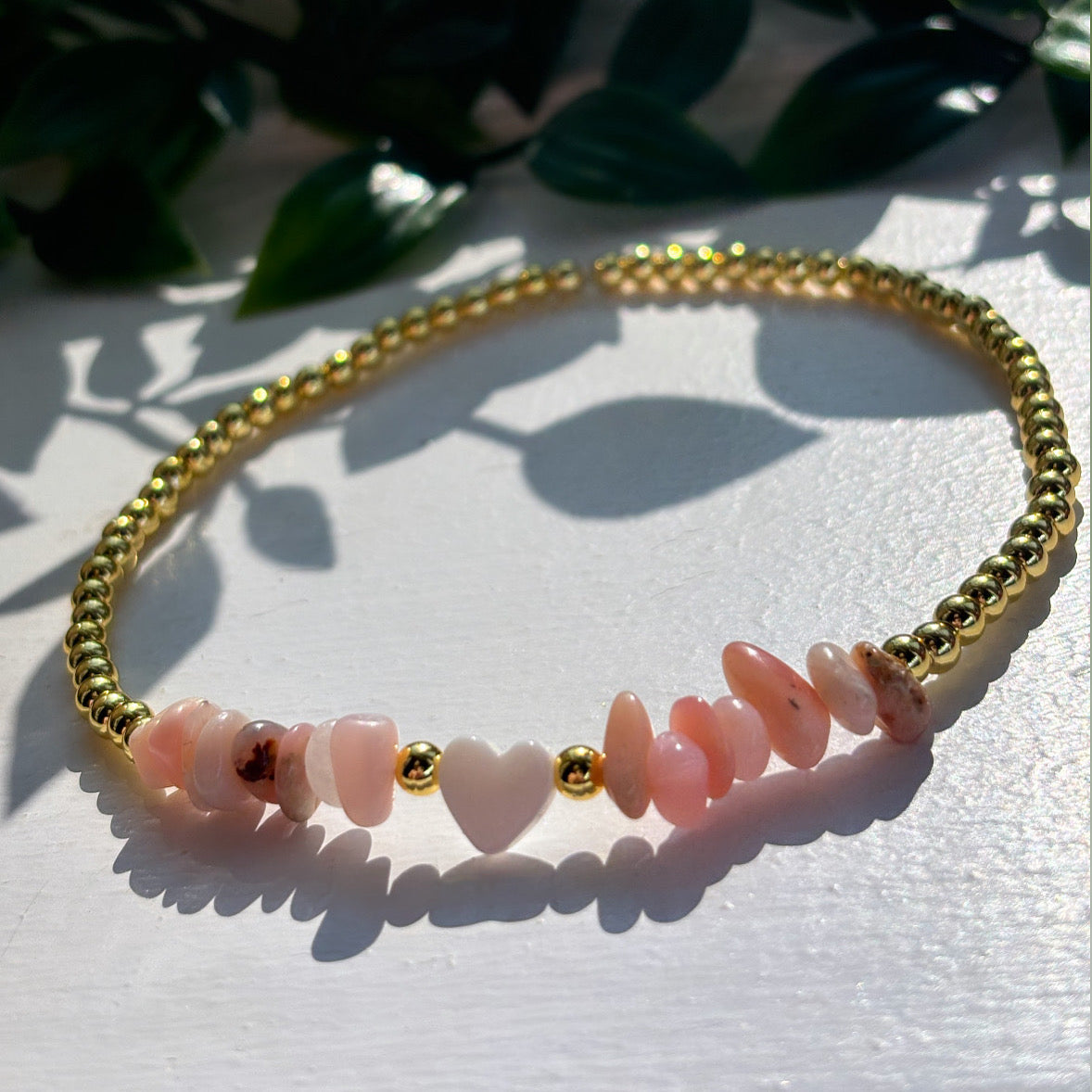 Pink opal pearl heart 18k gold beaded anklet