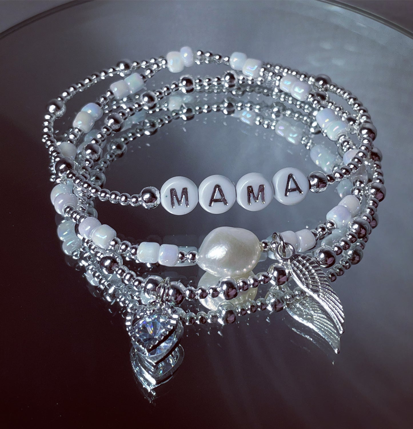 Personalised bracelet stack of 3 freshwater Pearl heart and wing charm/ mama bracelet/Gifts for women/ gifts ideas