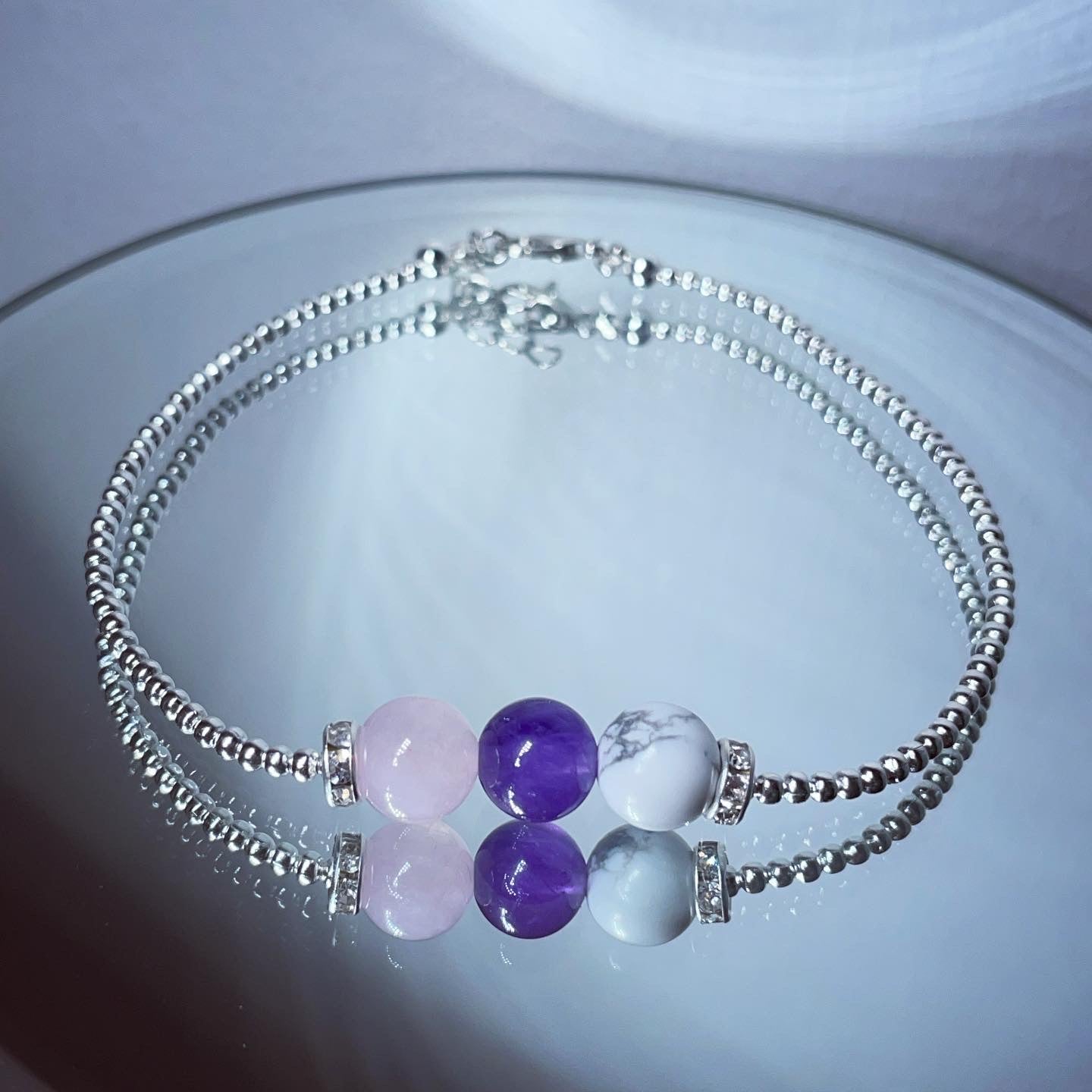 Anxiety/stress relief crystal beaded anklet amethyst rose Quartz and howlite