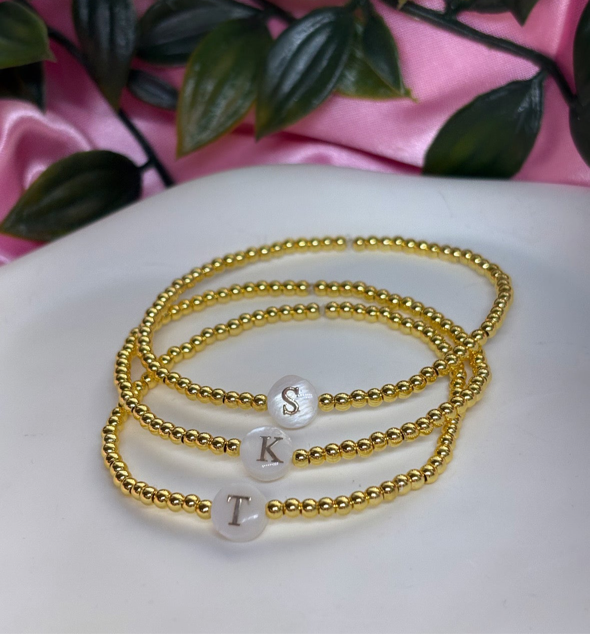 mother of pearl initial bracelets 18k gold plated