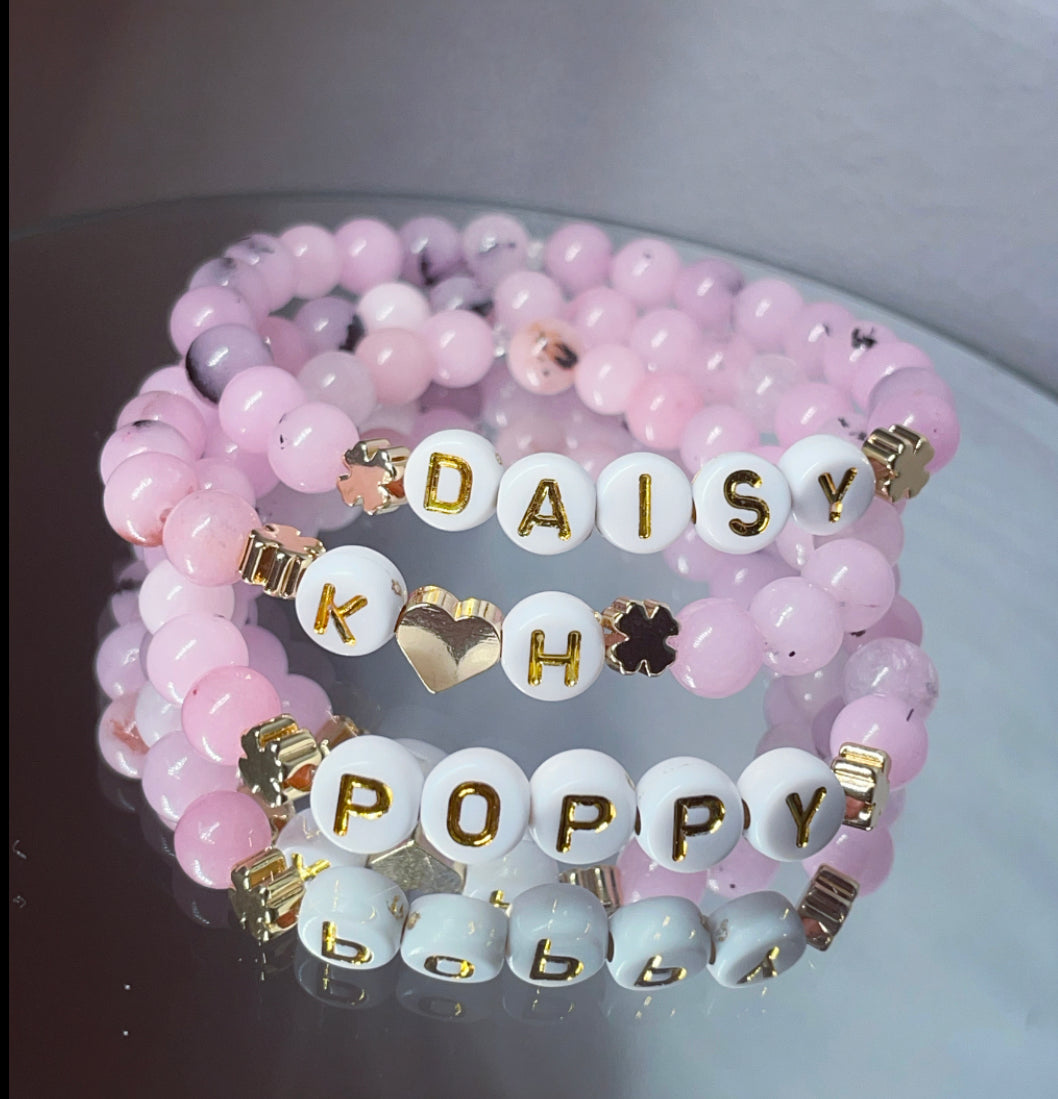 Cherry blossom jasper personalised four leaf clover bracelets