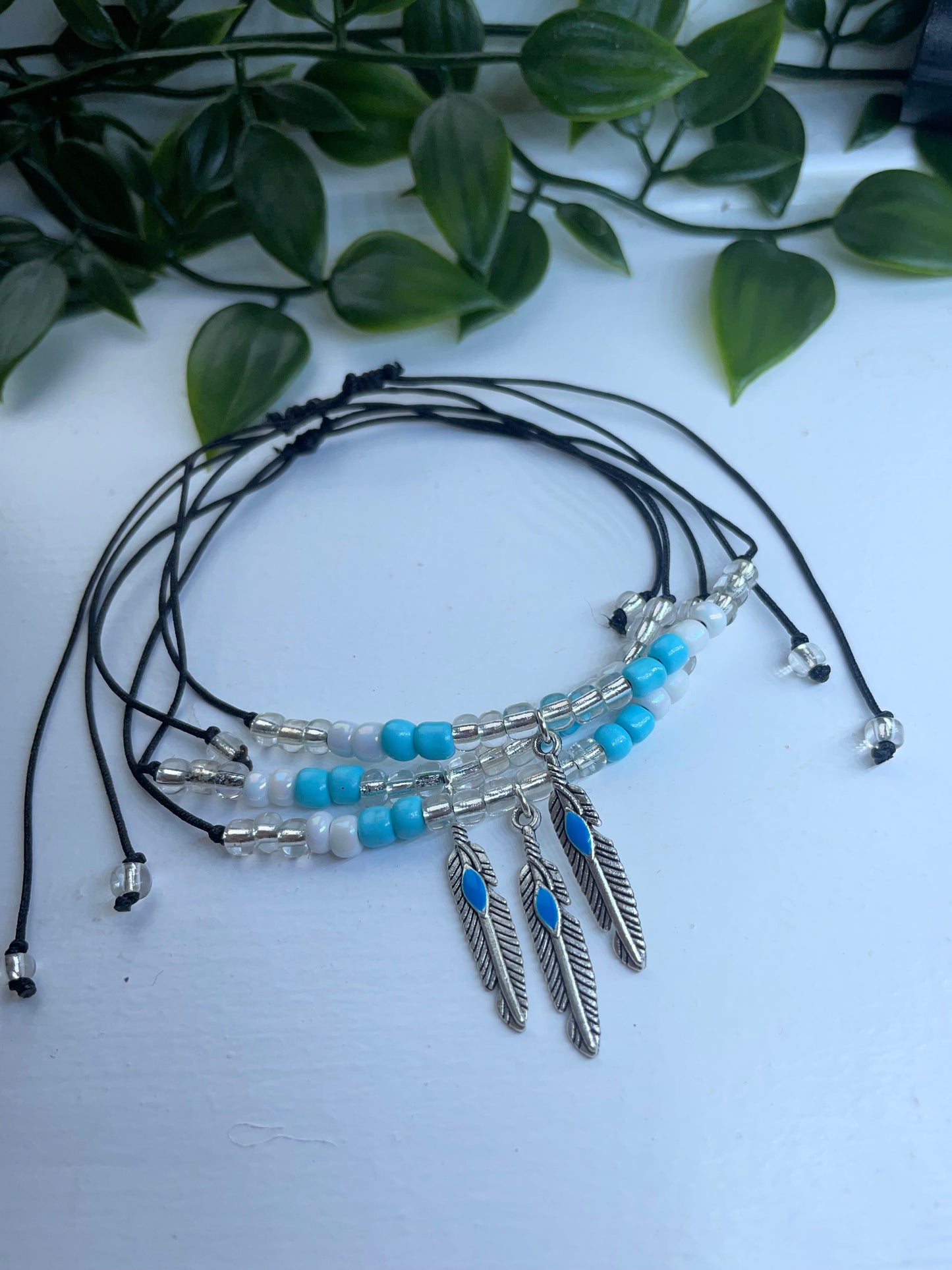 Feather beaded adjustable summer anklets