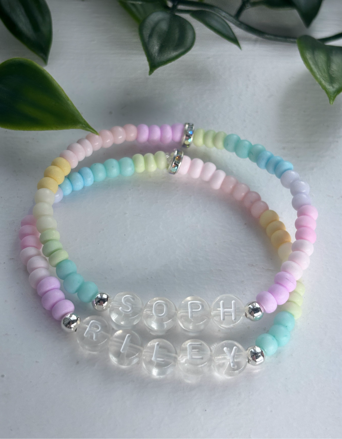 Pastel / clear transparent personalised glass bead bracelets