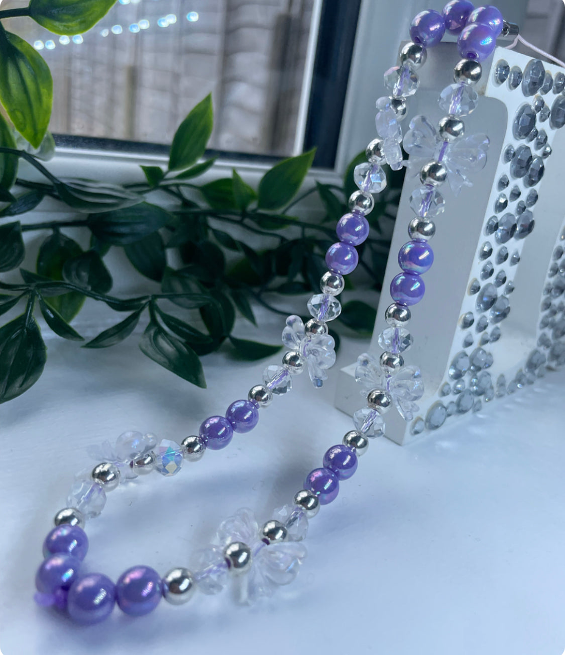 Bow Phone strap | lilac bow and crystal beaded phone strap
