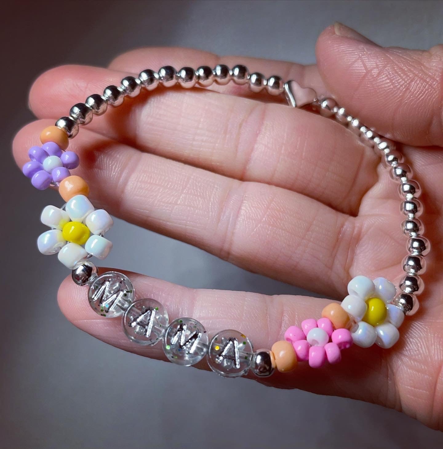 Personalised beaded flower bracelet silver plated, transparent letter beads