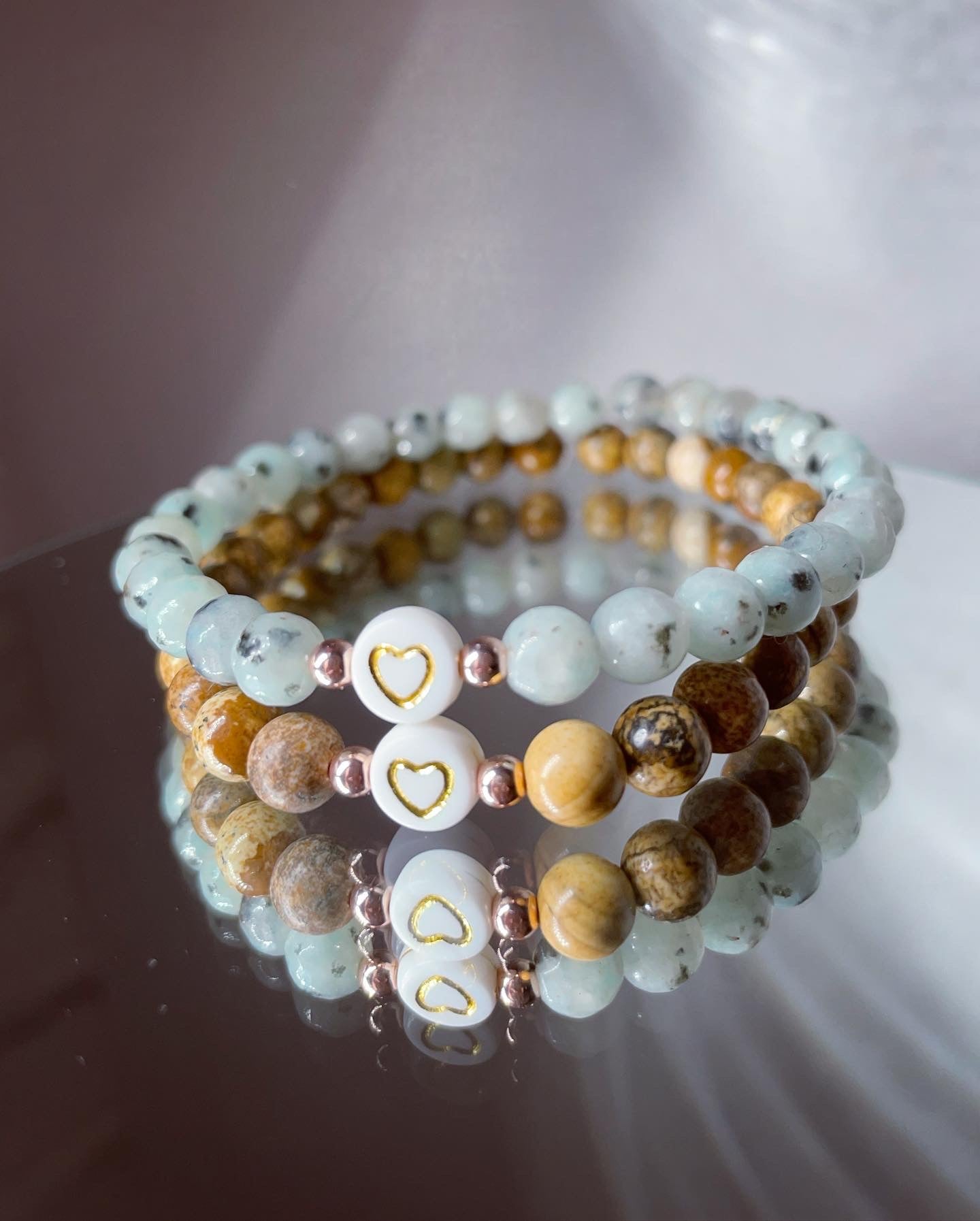 Pink/Yellow Lepidolite,Pale Beige Jasper, Blue/Grey Sesame Jasper Beaded bracelets