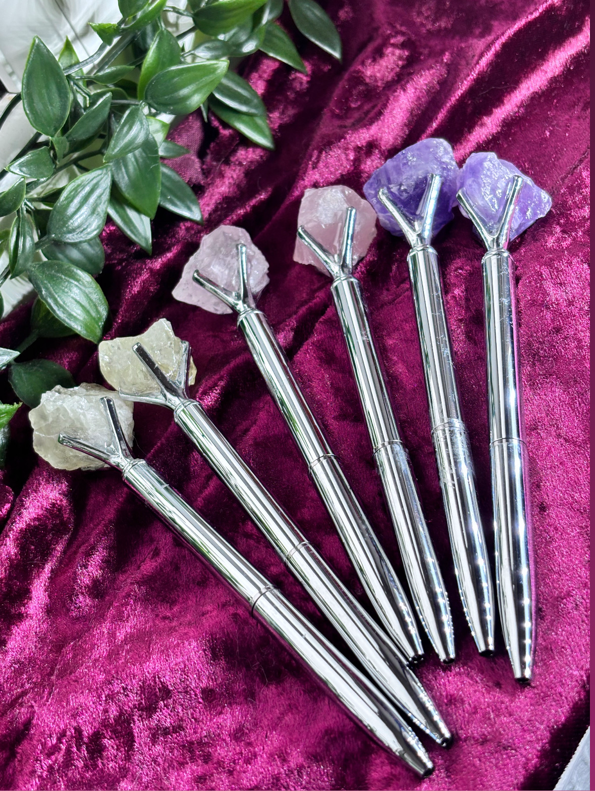 Raw Crystal Silver Pens - Black Pen - Stocking Fillers - Crystals amethyst citrine and rose Quartz