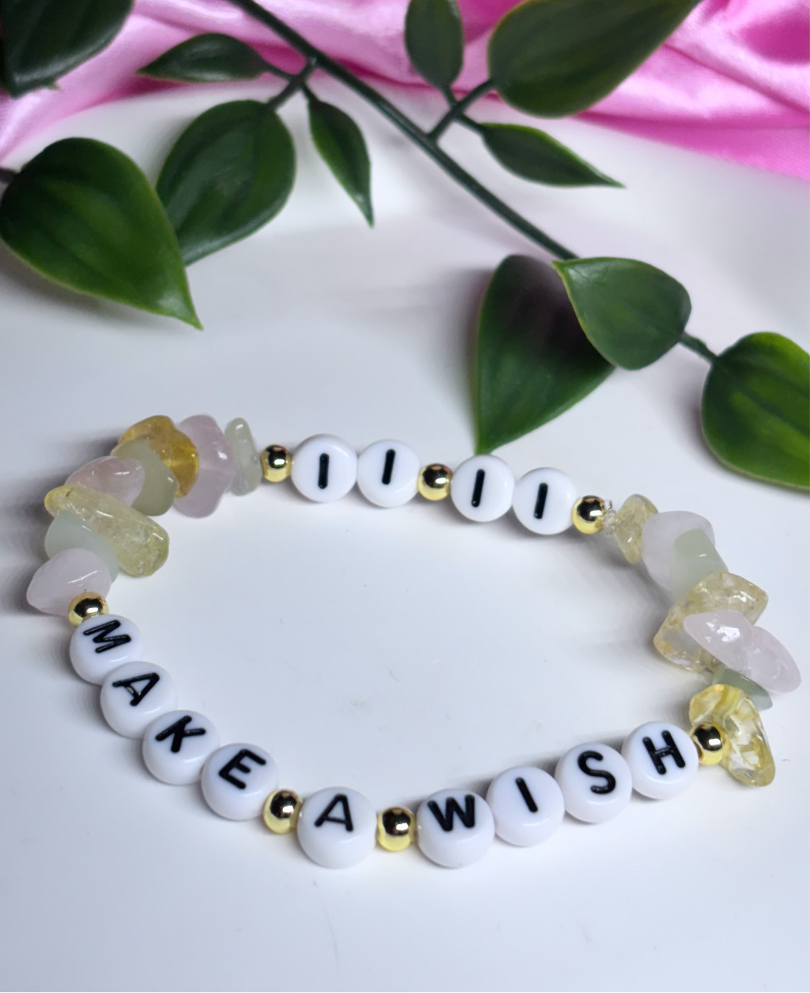 11:11 make a wish crystal healing bracelet for luck and good fortune made with Green jade, citrine and rose Quartz