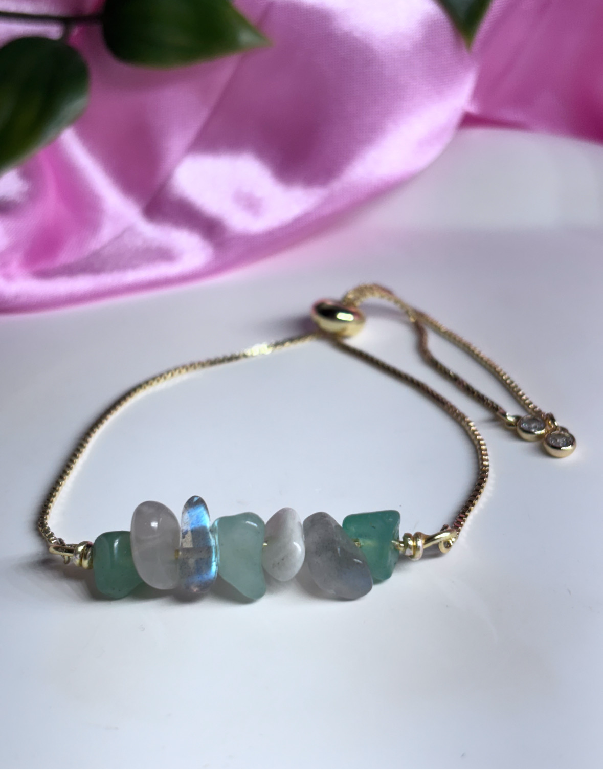 New beginnings - moonstone, green aventurine & labradorite 18k gold plated adjustable bracelet