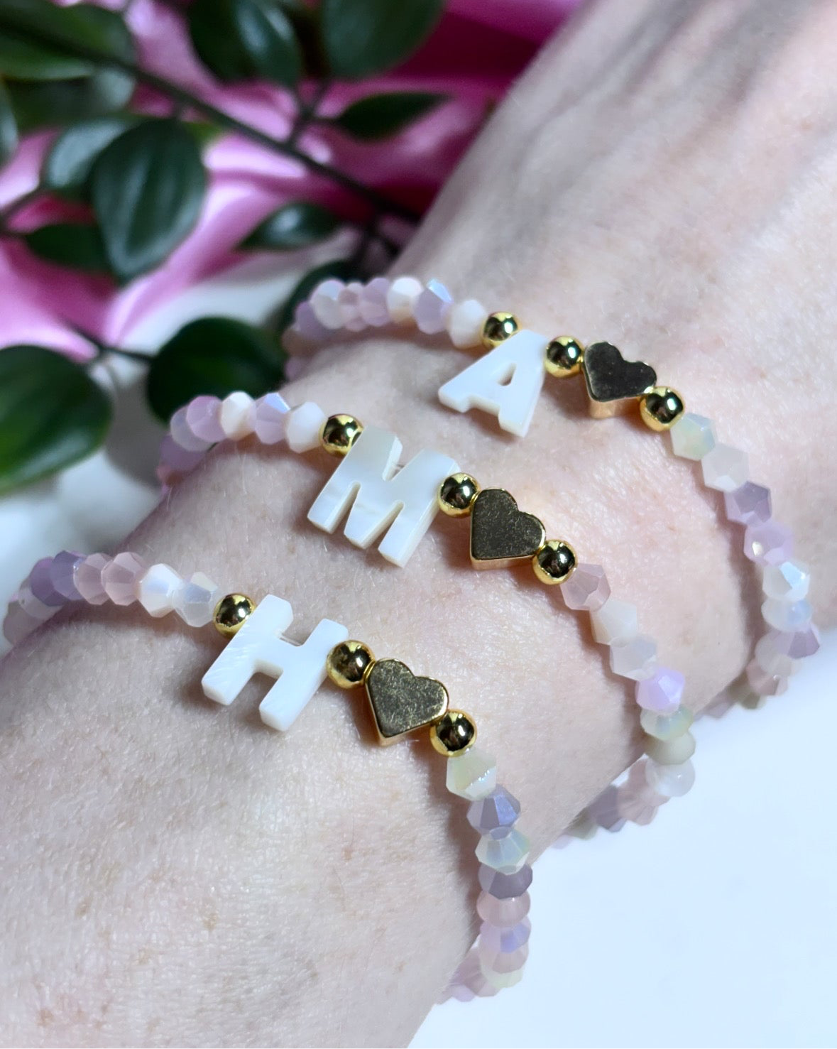 Pink bicone pearl initial beaded bracelet