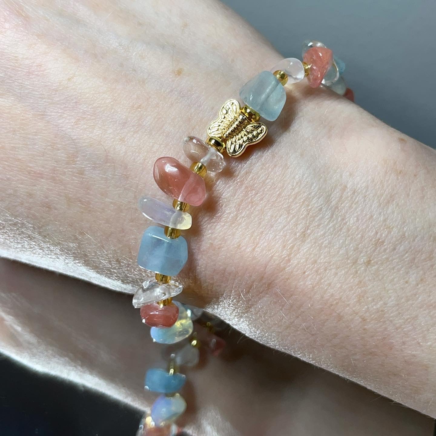 Crystal butterfly bracelet cherry Quartz opal aquamarine & clear Quartz