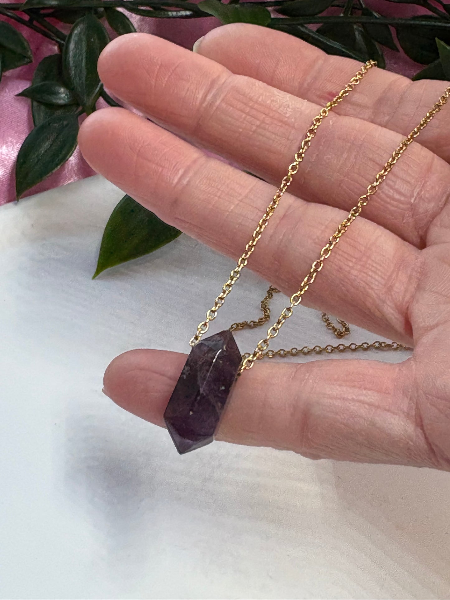 Crystal point necklaces tarnish resistant stainless steel chain rose Quartz, green aventurine and amethyst