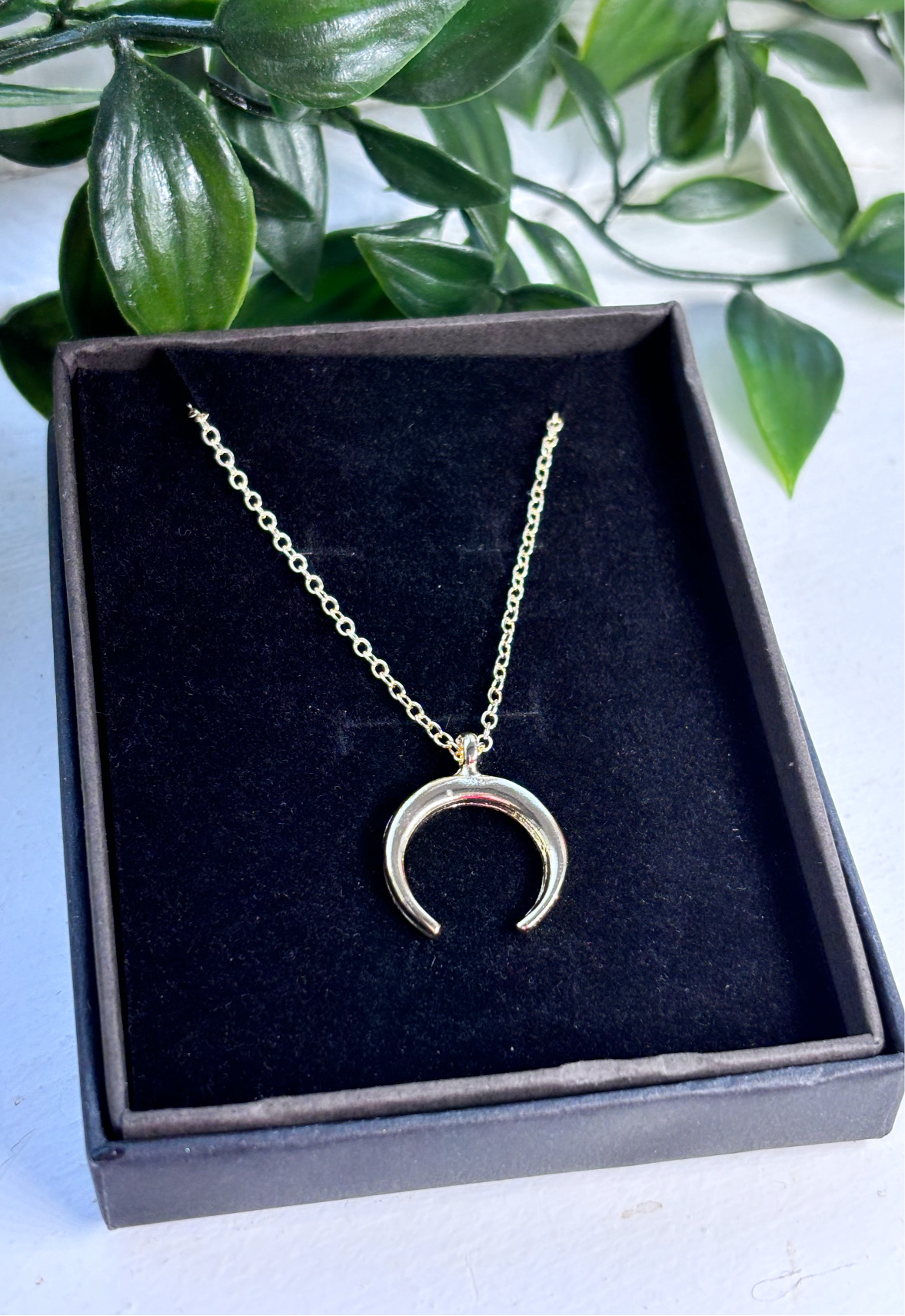 24k gold plated crescent moon necklace available on 16inch or 18inch chain
